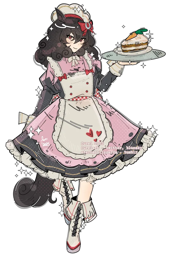 Maid in a pink dress carrying a slice of cake