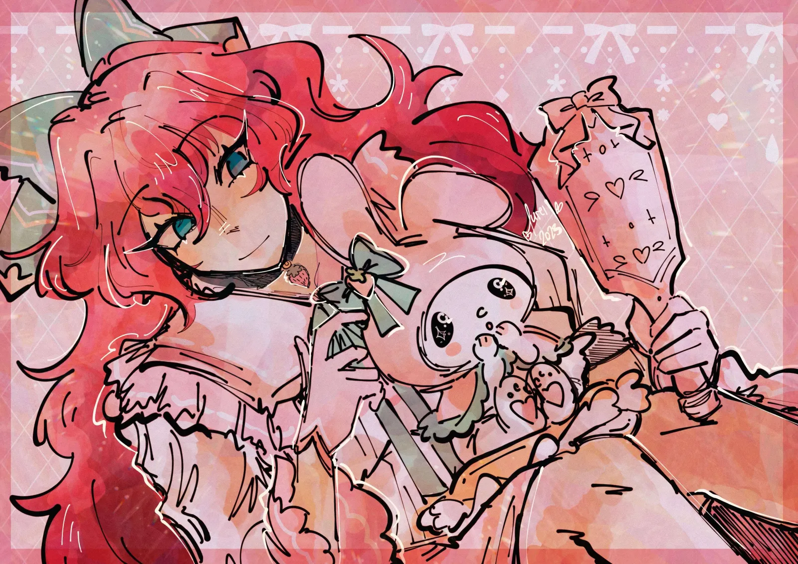 Pink illustration of a girl with long red hair holding a My Melody plush